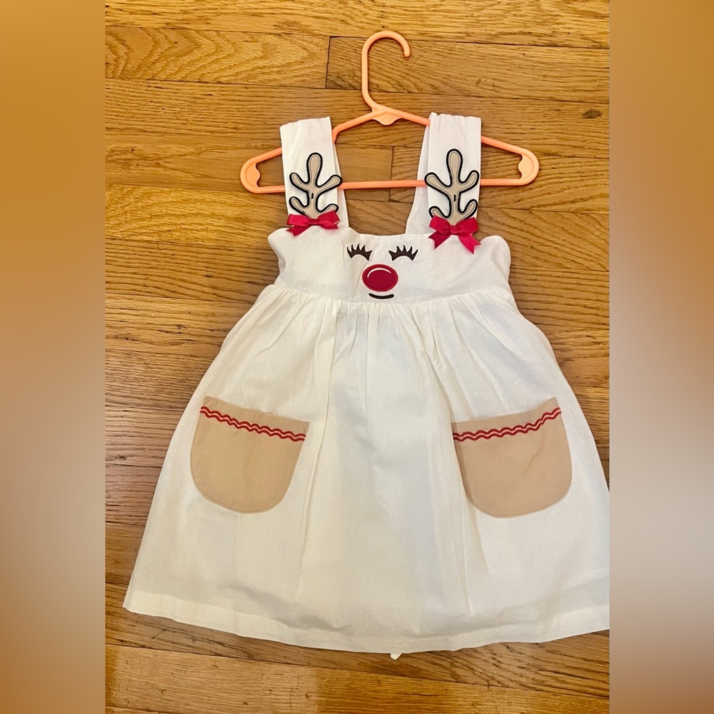 Lil Cactus White Reindeer Dress with Burgundy Accents